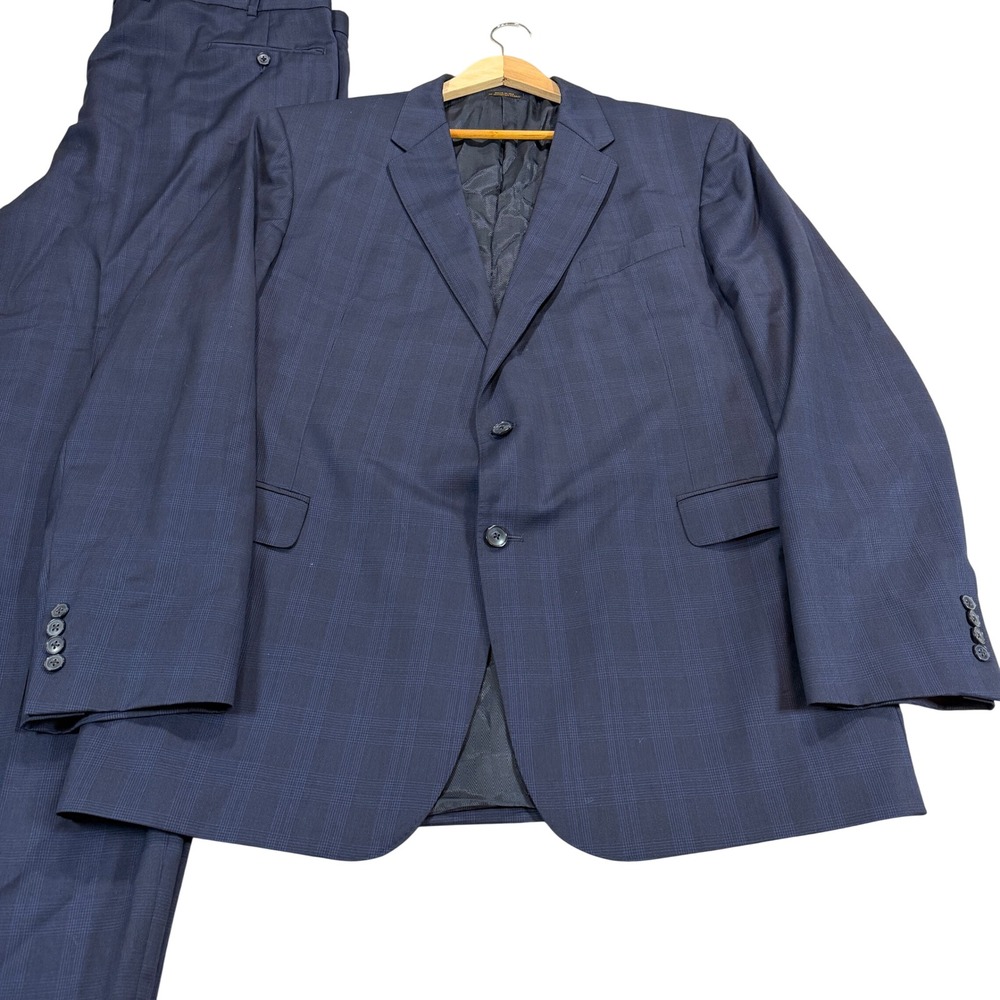 Jos A Bank Reserve Mens 48L Suit Navy Blue Plaid Angelico Wool Traditional 44x34